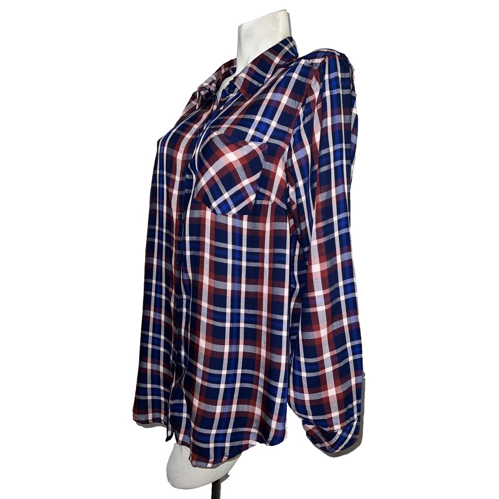 Torrid Womens Plus Size 1 Navy Blue Burgundy Plaid Rayon Button Down Shirt Top - Picture 4 of 8